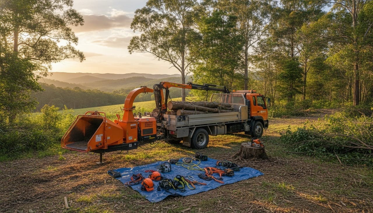 Townsville Arborist work truck and wood chipper on site in the Townsville